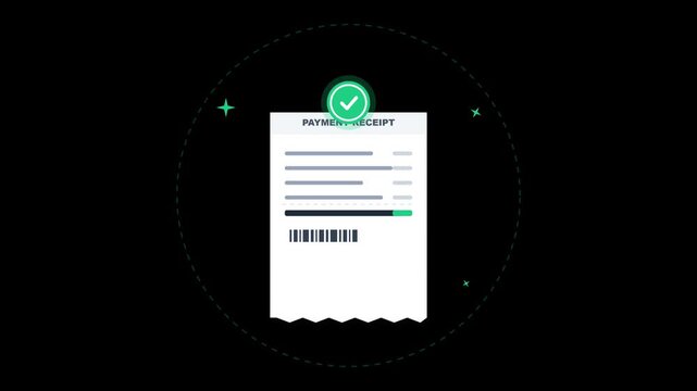 Digital receipt icon animation with success checkmark badge, itemized transaction details, and paid stamp element for order confirmation, checkout payment, and ecommerce invoice