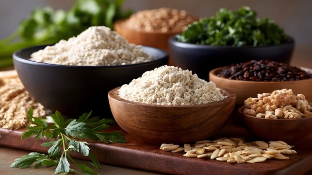Various gluten free cooking ingredients like flours  seeds  and greens arranged neatly in bowls on a wooden board