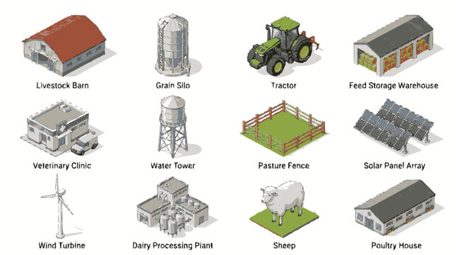 Collection of isometric farm buildings and equipment, including a tractor, barn, silo, and solar panels.