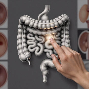Metallic Collage Healthy. Hand-Drawn Illustration Of A Gastroenterologist Specialist Examining The Human Intestine, Set Against A Dark Grey Background And Presented As Studio Photo Collage