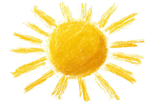 Yellow crayon drawing of a sun with radiating lines on a white background