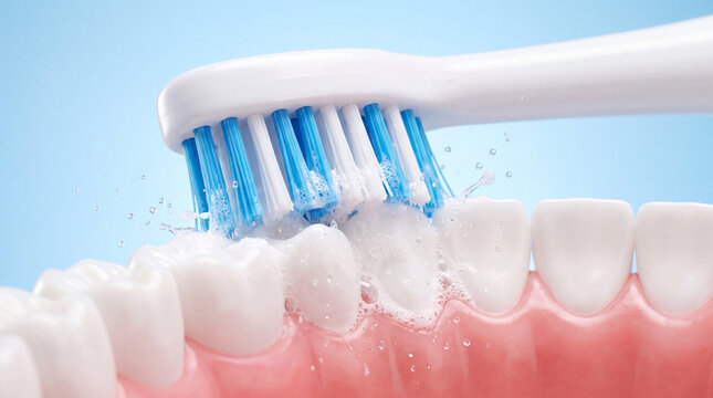 Toothbrush cleaning white teeth on dental model with foam and water splash on a light blue background