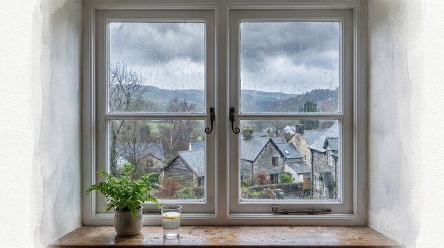View through a white framed window of a village and rolling hills on a cloudy day houses stone
