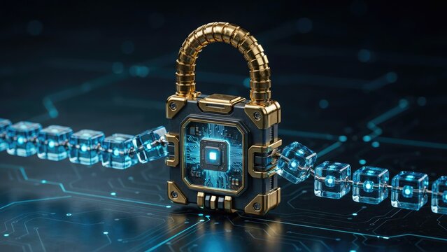 Gold and black digital padlock connected to a glowing blue data chain
