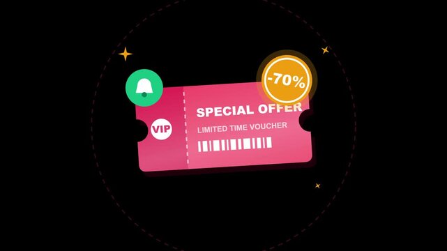 Discount coupon icon animation with special offer text, seventy percent badge, and alert bell element for commercial promo, shopping clearance, voucher code, and retail sale campaign