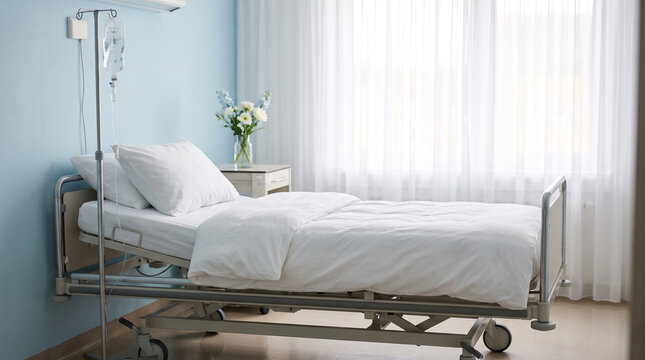 Empty hospital bed with IV stand and flowers in a clean, bright patient room with white curtains