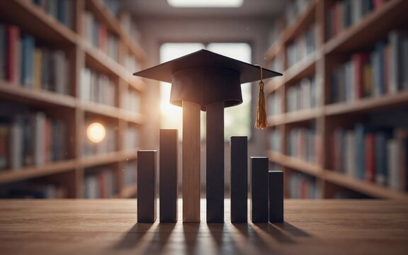 Graduation cap resting on vertical bar graph blocks in a library