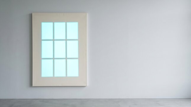 Blank canvas frame with glowing window pattern on minimalist white wall mockup