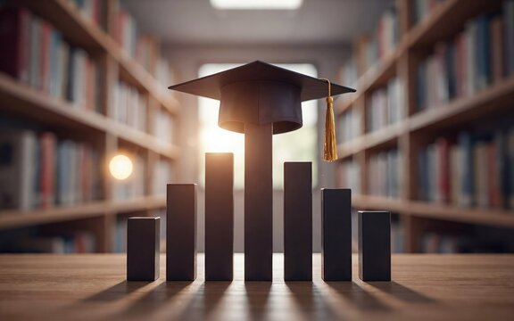 Black graduation cap resting on a bar graph in a library