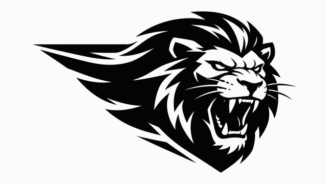 A striking black and white vector logo of a roaring lion's head, sharp teeth bared, intense glowing eyes, flowing dynamic mane styled like wind-swept flames, bold clean lines, high contrast.