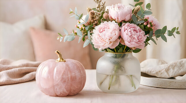 Elegant pink pumpkin decor with a beautiful floral bouquet arrangement