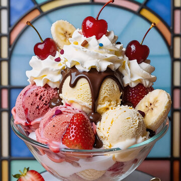 Stained Glass Icecream Garnish. Banana Split Sundae With Strawberry And Raspberry Vanilla Ice Cream Scoops In A Bowl