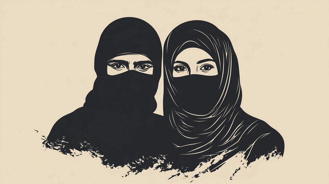 Illustration of muslim couple wearing niqab islamic fashion modesty and cultural representation art design