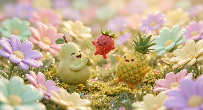 Playful 3D Fruit Characters Greeting in a Sun-Drenched Pastel Flower Meadow