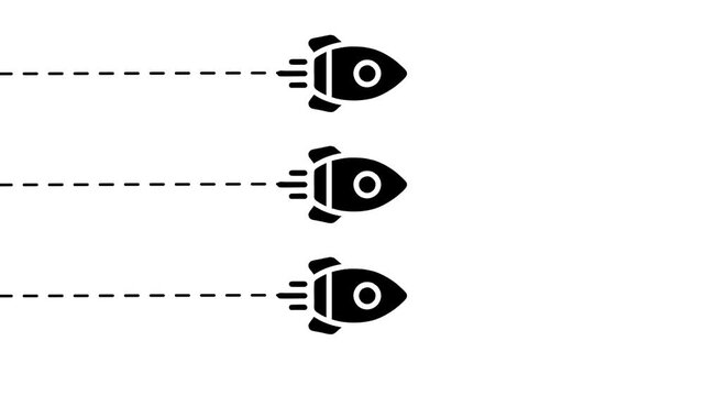 Minimalist rocket launch animation: three spaceships flying with motion trails, flat style for business growth and innovation concepts