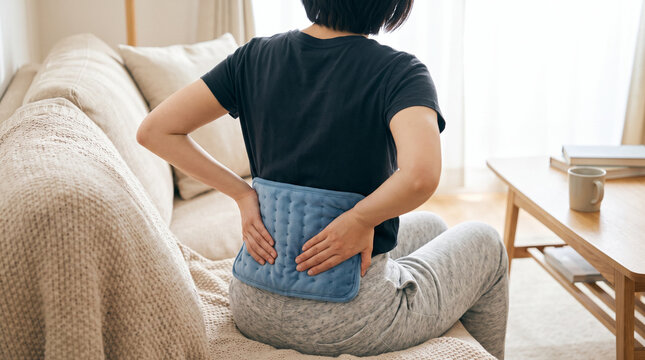 Young woman applying heating pad to lower back at home, relieving muscle pain and backache with heat therapy