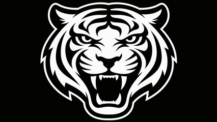Fototapeta premium A black and white tiger head graphic with a menacing expression, sharp teeth, and detailed stripes, displayed as an image preview on a smartphone screen.