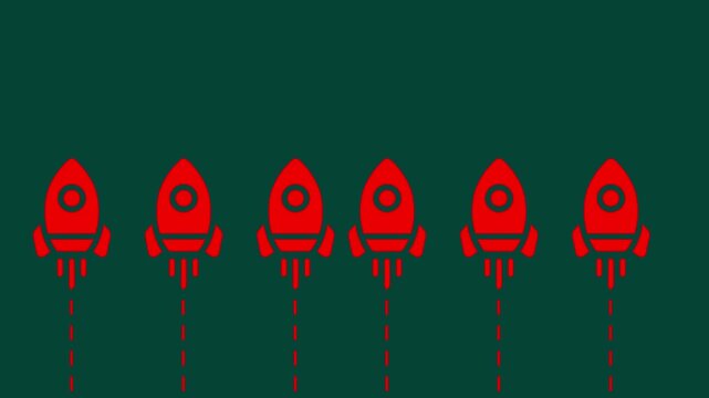Animated red rocket launching upwards on dark green background, minimalist startup growth concept business