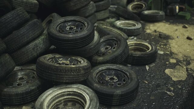 Oilstained pile of tires outdoors, wet asphalt, worn treads, leaking oil pooling between rims, gritty texture and shadowed scrapyard atmosphere.