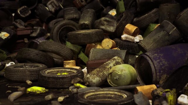 Closeup stack of tires and paintstained drums, textured rubber surfaces and peeling labels highlight material decay and reuse potential for recycling concept