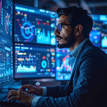 Focused data analyst analyzes complex financial charts and futuristic graphs on multiple glowing screens in a dark office, evoking deep concentration, expertise, and innovation.