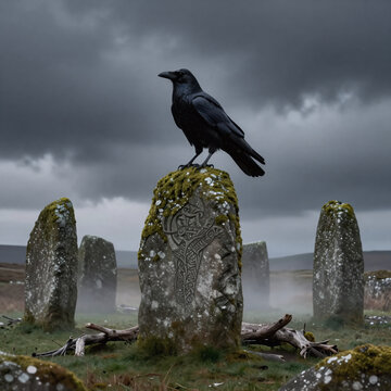 Tribal Tattoo Crow Travel. Crow Perched On Ancient Celtic Menhir Amidst A Spooky Overcast Sky In Ireland, Evoking The Myth Of The Morrigan