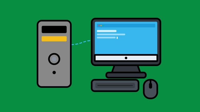 Animated Computer Rig with CPU and Monitor on Green Background