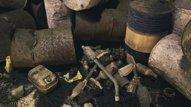 Mossy cylinders and leaking containers highlight contamination risk, tense atmosphere of neglected storage area, corroded drums, oil stains, yellow fragments