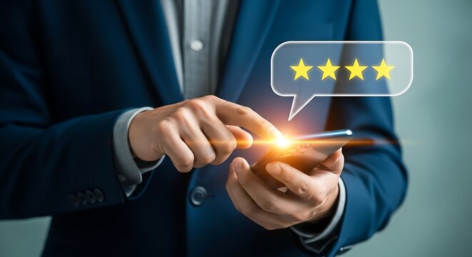 Customer review five star rating on smartphone. Businessman giving feedback on mobile app. Online reputation and satisfaction concept.