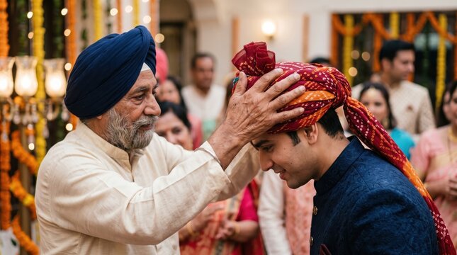 Senior Sikh father blessing his son during traditional turban tying ceremony