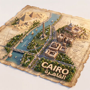 Creative Egypt travel concept illustration featuring Cairo on a retro paper map