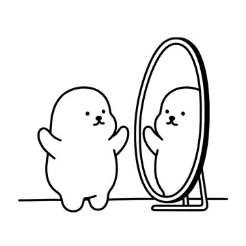 A whimsical illustration of a round character looking into a mirror, showcasing self-reflection and joy. This image captures the essence of self-awareness and personal growth.