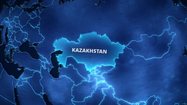 Map animation highlighting Kazakhstan, Central Asia, featuring glowing cyan borders, a luminous regional highlight, and typography for a travel and news-style graphic template.
