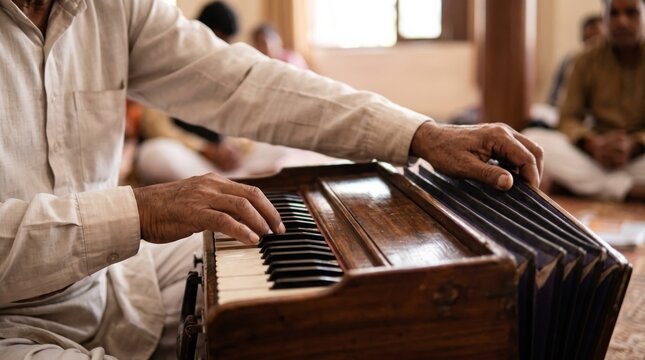 Musician hands playing wooden harmonium instrument during music performance