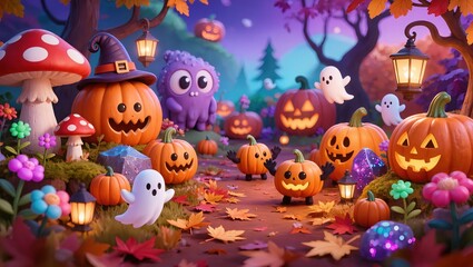 Fototapeta premium Cute Halloween Scene with Pumpkins and Ghosts Illustration