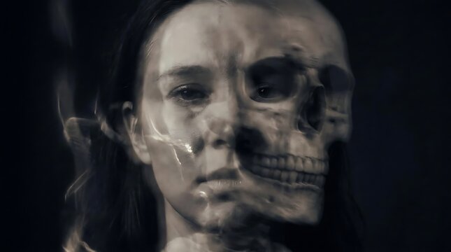 Double exposure of woman face and skull