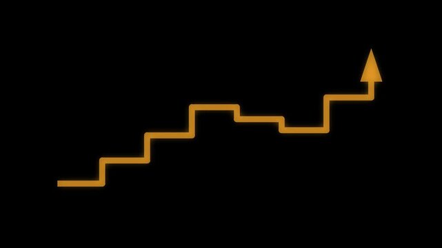 オレンジの階段状の折れ線が段々に上昇し先端の矢印で成長を示すシームレスループ動画