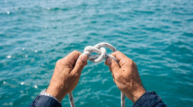 A close up view of a sailor hands tying a knot in a white rope against the backdrop of blue ocean water