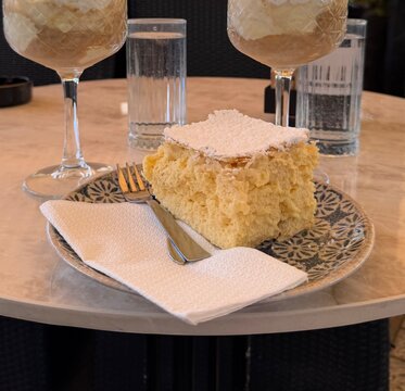 Traditional cream cake served at a cafe in Samobor, Croatia
