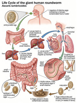 Scientific infographic diagram illustrating the life cycle of Ascaris lumbricoides parasite in humans.
