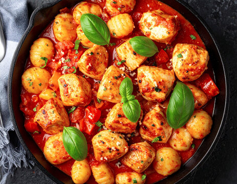 Chicken chunks, gnocchi skillet, top view. AI