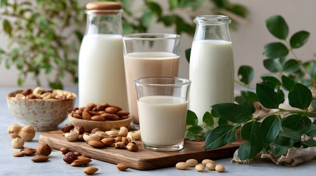 Several plant based milk alternatives displayed in glass bottles and cups alongside scattered nuts on a wooden board