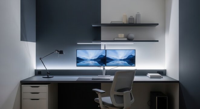 Modern Home Office Setup With Dual Monitors And Ambient Lighting
