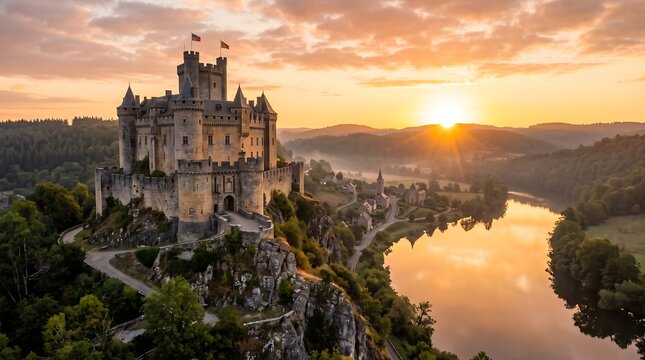 Medieval castle at sunset overlooking a river with fortress landscape medieval