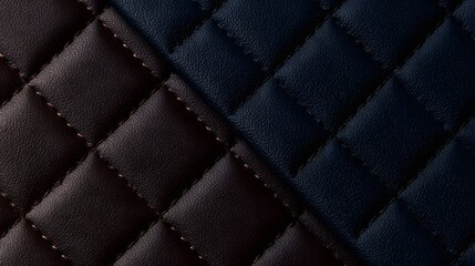 Obraz premium Close up of textured quilted leather surface divided diagonally between dark brown and black sections with contrasting stitching