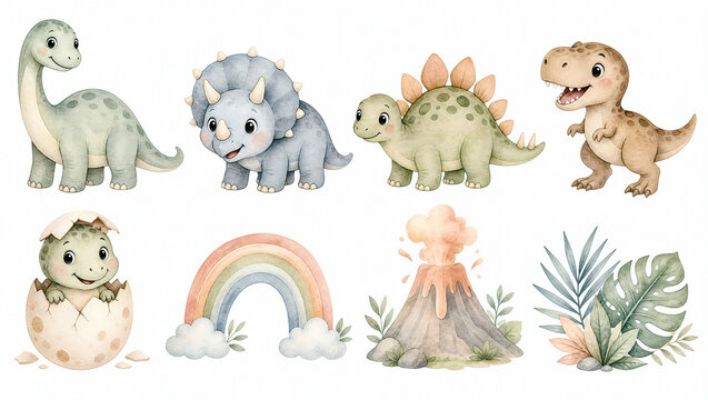 Cute watercolor baby dinosaur clipart set. Triceratops, T-Rex, Brachiosaurus, Stegosaurus, hatching egg, rainbow, volcano, and tropical leaves isolated on white background