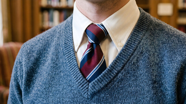 Man Wearing Blue Knit Sweater White Shirt and Striped Necktie