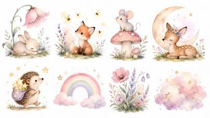 Fototapeta premium Cute watercolor woodland animal clipart set. Sweet forest bunny fox mouse deer and hedgehog with moon stars and rainbow isolated on white. Nursery decor elements
