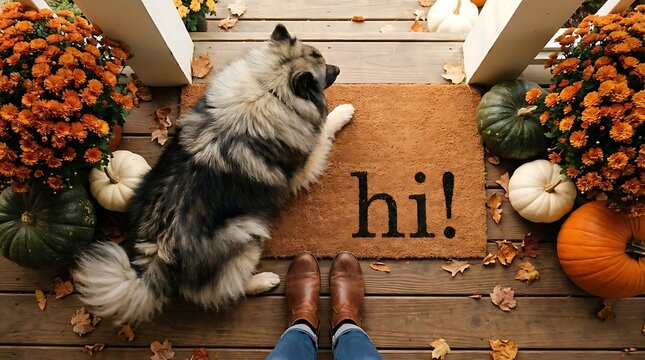 Fluffy dog on welcome mat with autumn pumpkins and flowers