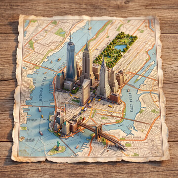 Creative USA travel concept illustration featuring New York City miniature on a retro paper map